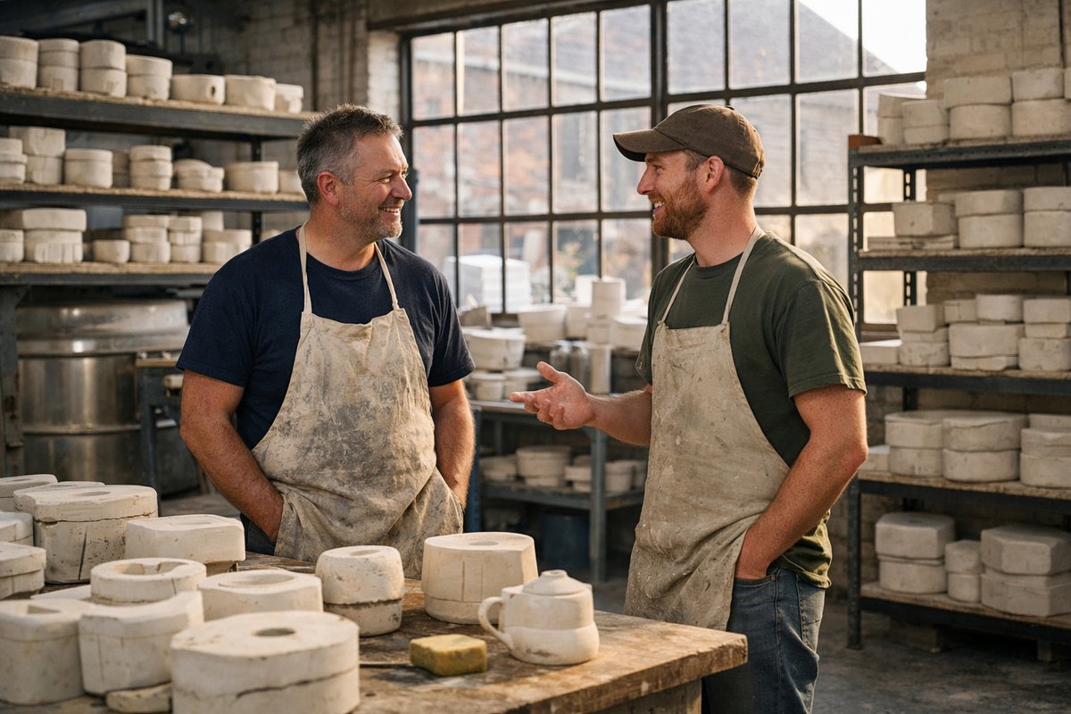Two small business employees talking in a Stoke-on-Trent workshop with ceramic industrial equipment in the background