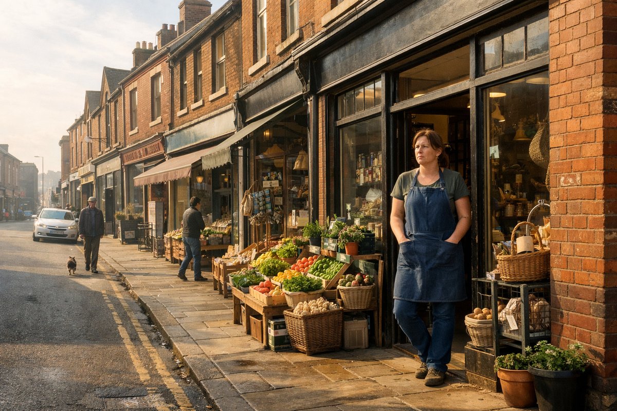 Independent shopkeeper standing in the doorway of a Victorian brick shop on a Stoke-on-Trent high street, morning light