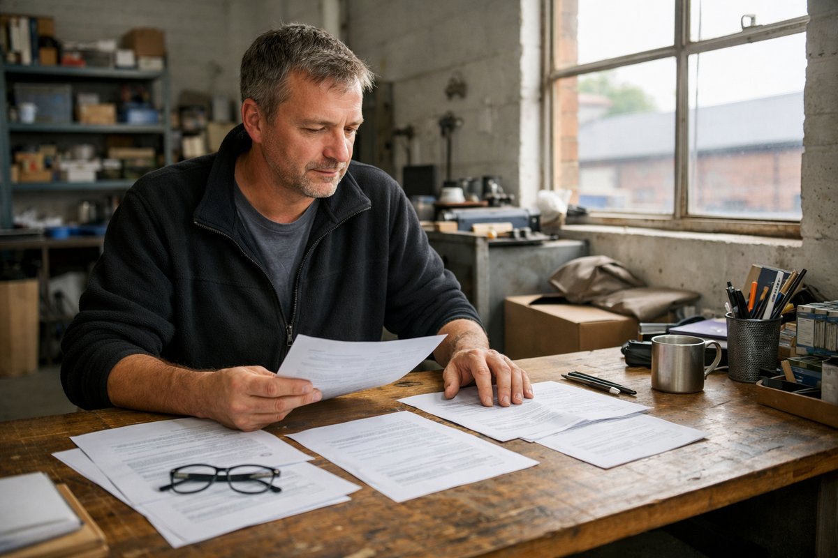 Small business owner in a Stoke-on-Trent industrial unit reviewing job applications at a desk