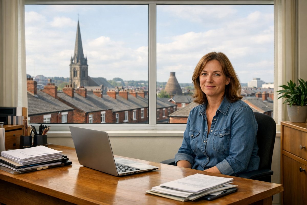 Small business owner at a desk in Stoke-on-Trent preparing sole trader registration paperwork with a laptop open