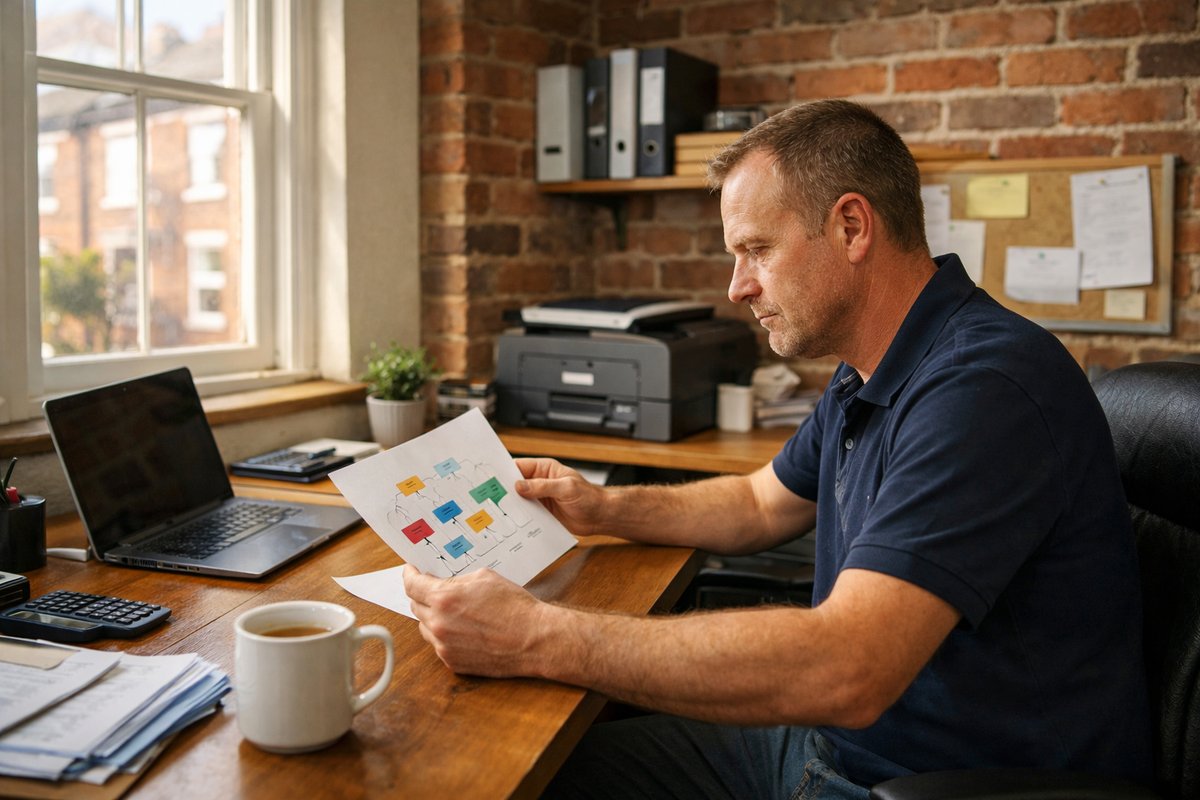 Stoke-on-Trent service business owner reviewing a printed sales funnel pipeline at a wooden desk in a bright home office