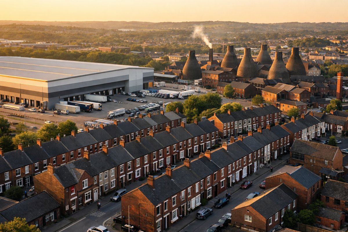 Aerial view of Stoke-on-Trent showing Victorian terraces, bottle kilns, and a modern logistics warehouse at golden hour, illustrating the city's mix of heritage industry and modern business.