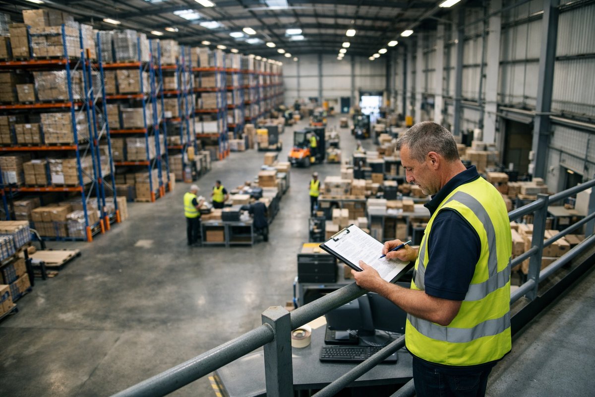 A logistics supervisor reviewing operations on a warehouse floor in a North Staffordshire industrial facility